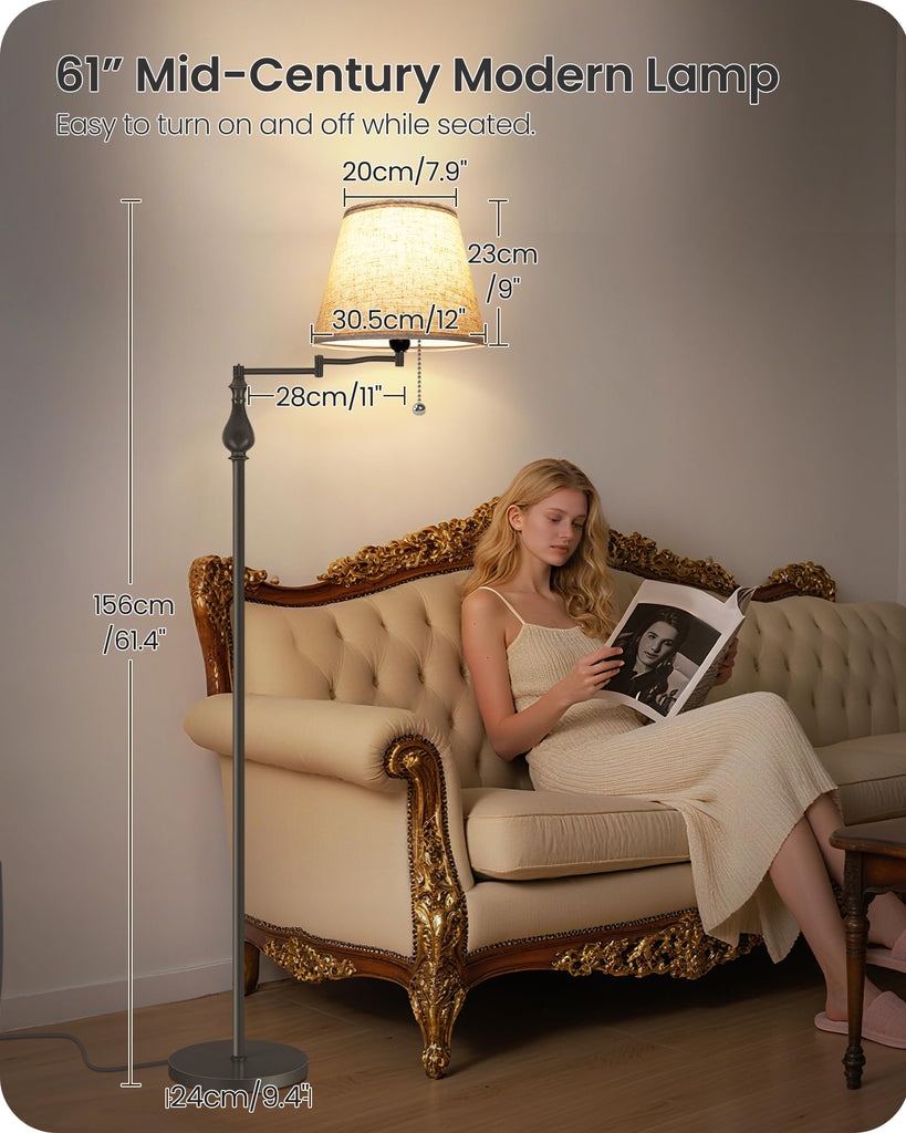 61" Vintage Floor Lamp with 350°Adjustable Swing Arm, Pull Chain, Dark Brown