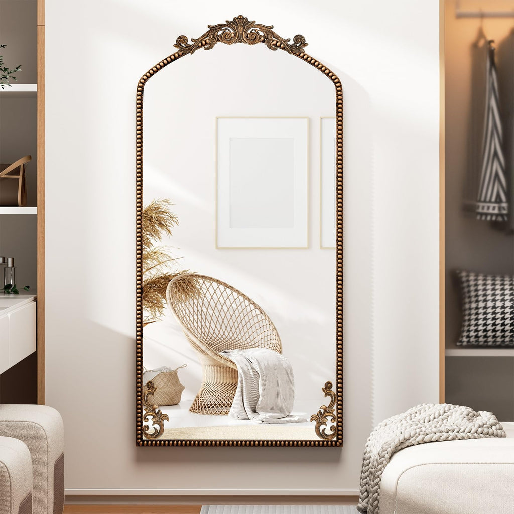Gold Arched Full Length Mirror 71"×32", Large Traditional Vintage Baroque Inspired Floor Mirror, Ornate Antiqued