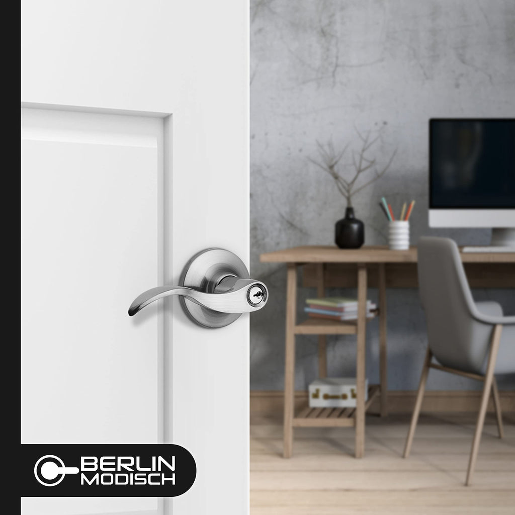Entrance Lever Door Handle [Lock with Two Keys] or Front Door with a Satin Nickel Finish, Reversible for Right & Left