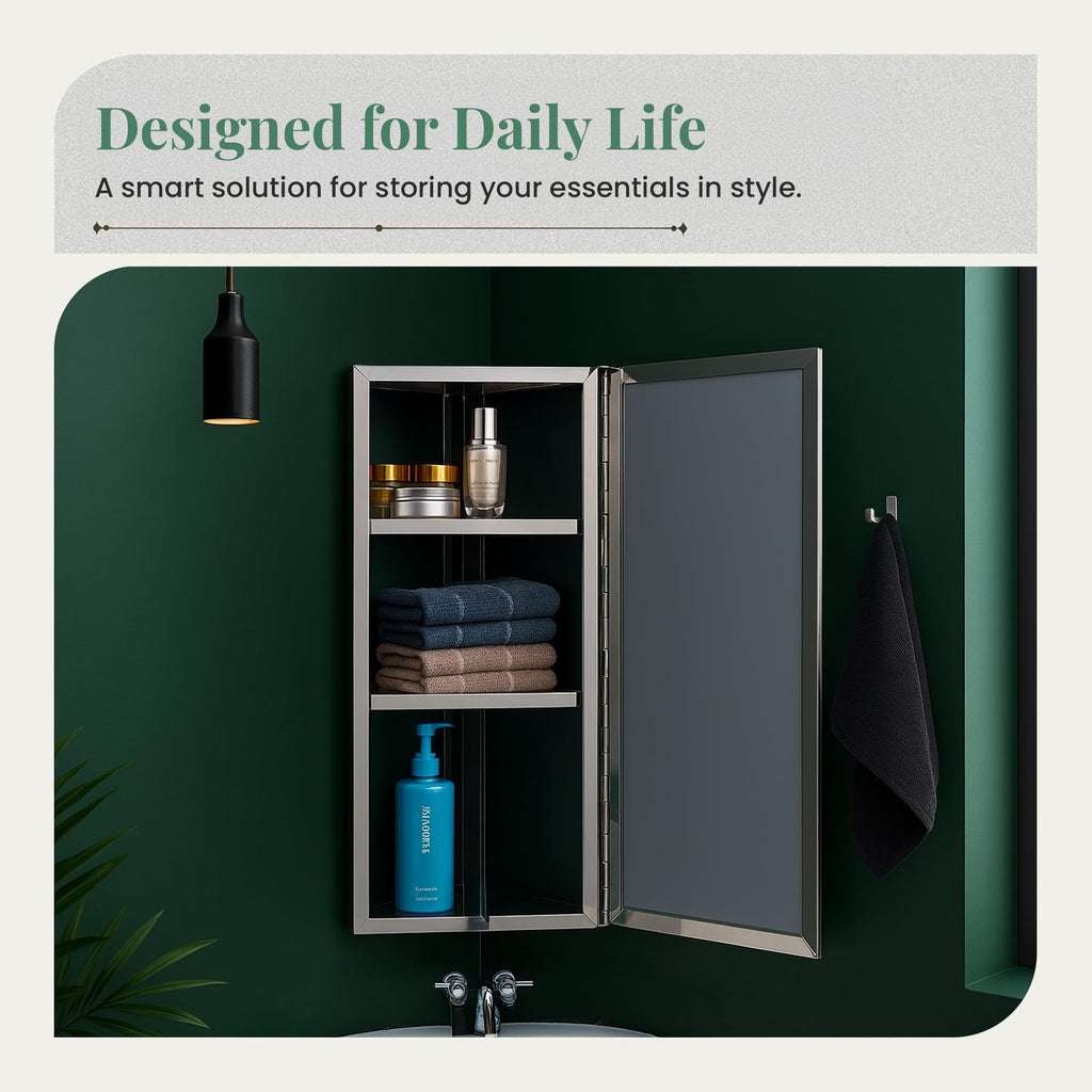Supply Infinity Corner Medicine Cabinet with Mirror - Triple Shelf Storage Cabinet - Modern Wall Mount Medicine