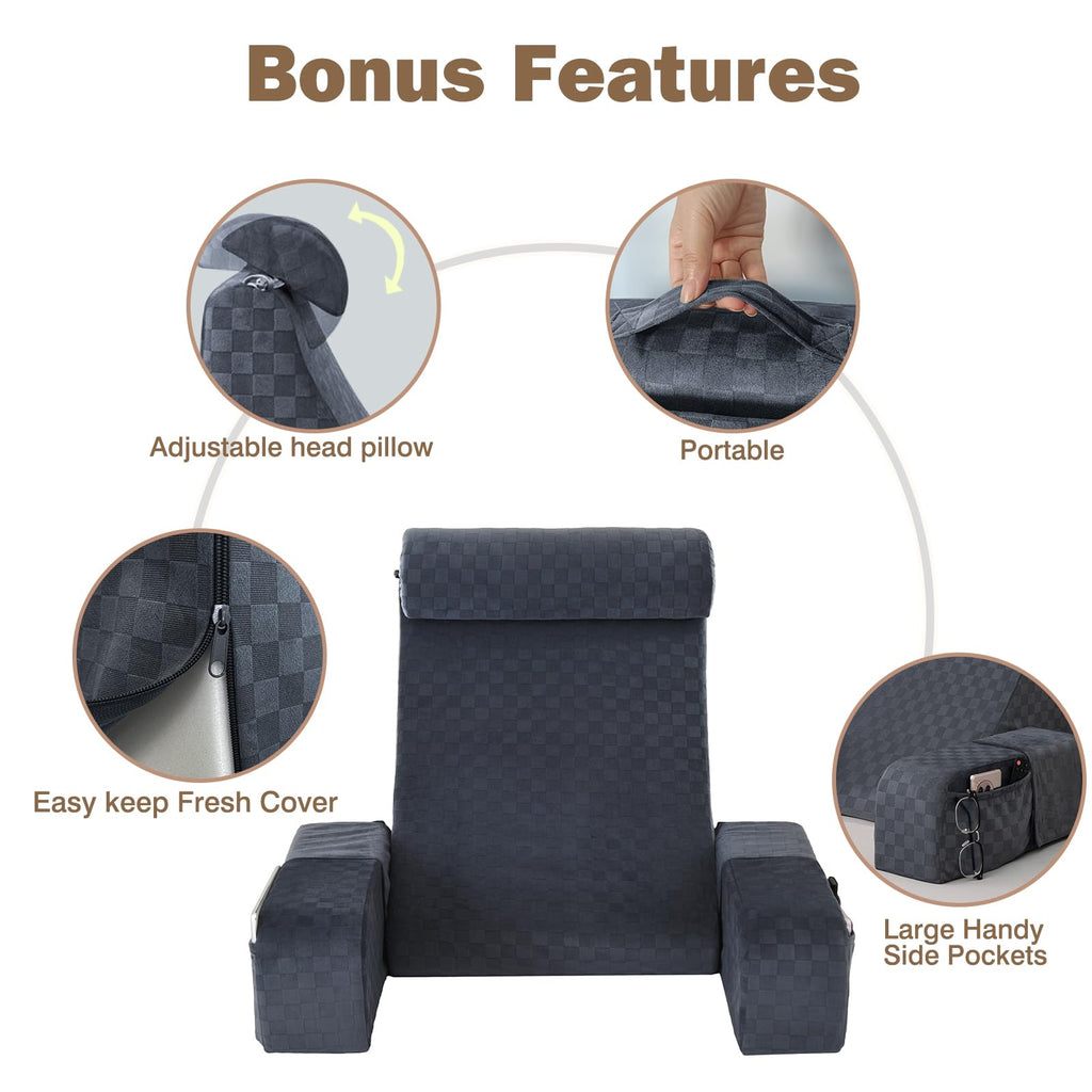 21'' Reading Pillow for Adults with XL Side Pockets, Adjustable Arms