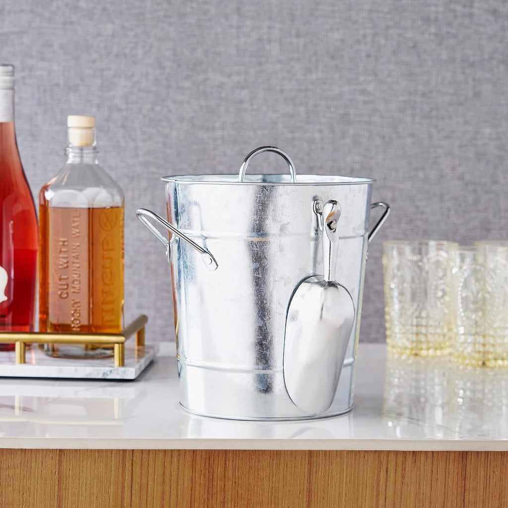 Insulated Ice Bucket with Lid, Scoop & Handles for Beer, Wine, Champagne, Beverages, 1 Gal Galvanized Metal Bucket