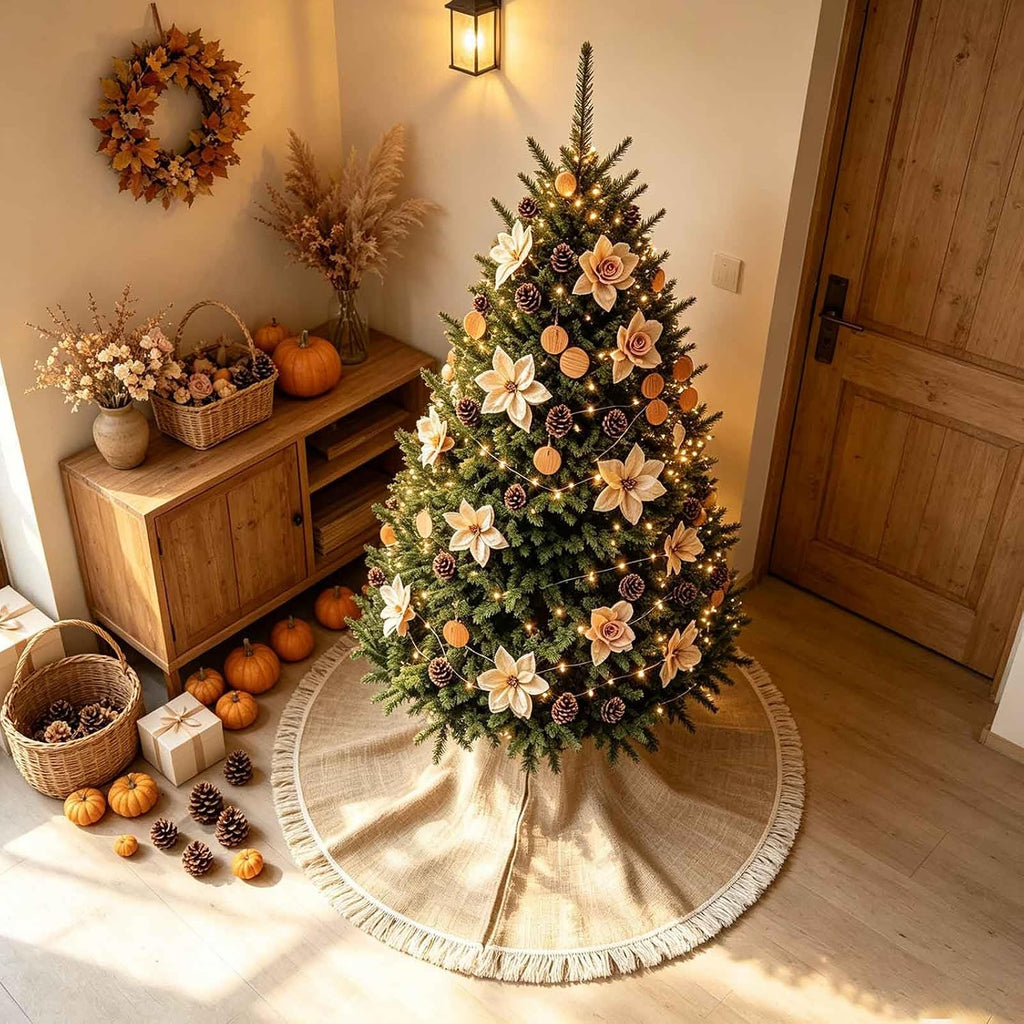 36" Burlap Tree Skirt with Tassel Farmhouse Jute Linen Fall Tree Skirt