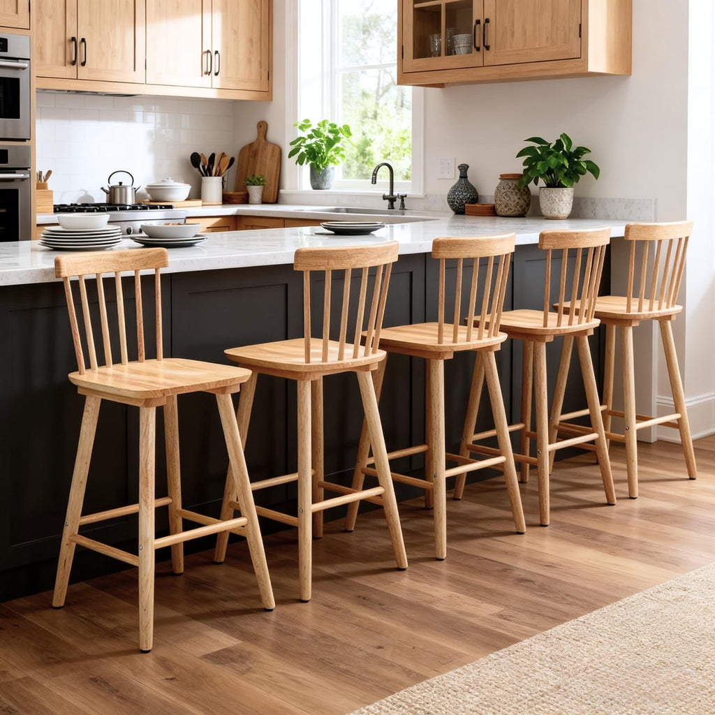 26" Windsor Counter Height Bar Stools Set of 4, Farmhouse Wooden Counter Stools with Spindle Back, Modern Rustic