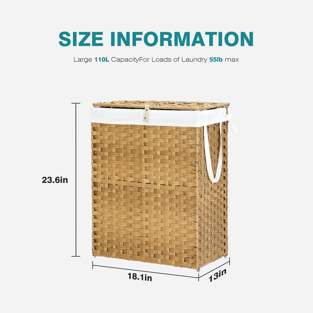 Laundry Basket with Lid, 90L Wicker Laundry Hampers, Goose Yellow