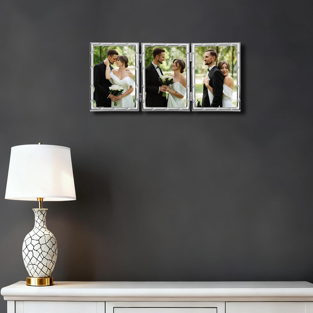 Elegant Silver Plated 4x6'' Hinged Triple Metal Picture Frame, Bamboo Detail Designs, with Real Glass & Soft Touch