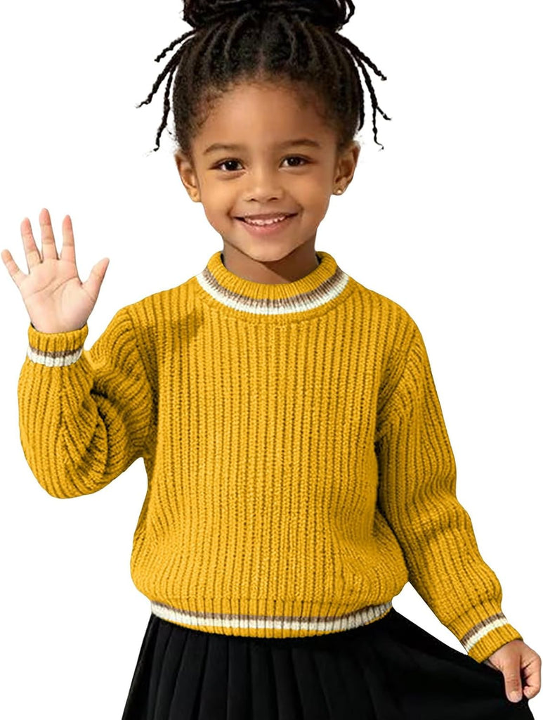 Kids Ribbed Cable Knit Sweater Striped Trim Long Sleeve Pullover Sweaters