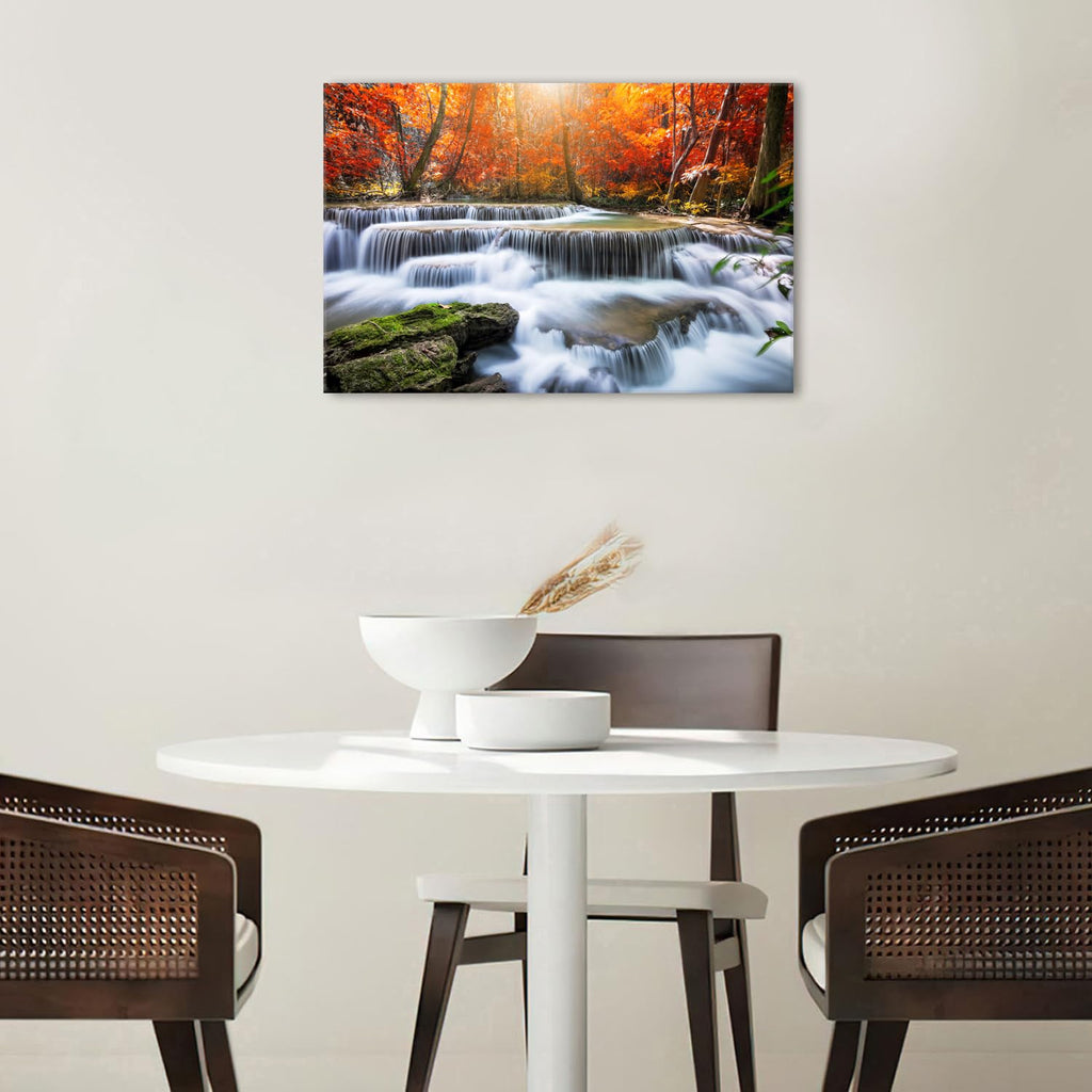 Fall Nature Sunset Wall Art Living Room Waterfall Mountains Picture Bedroom Bathroom Decor Autumn Maple Trees Scenery