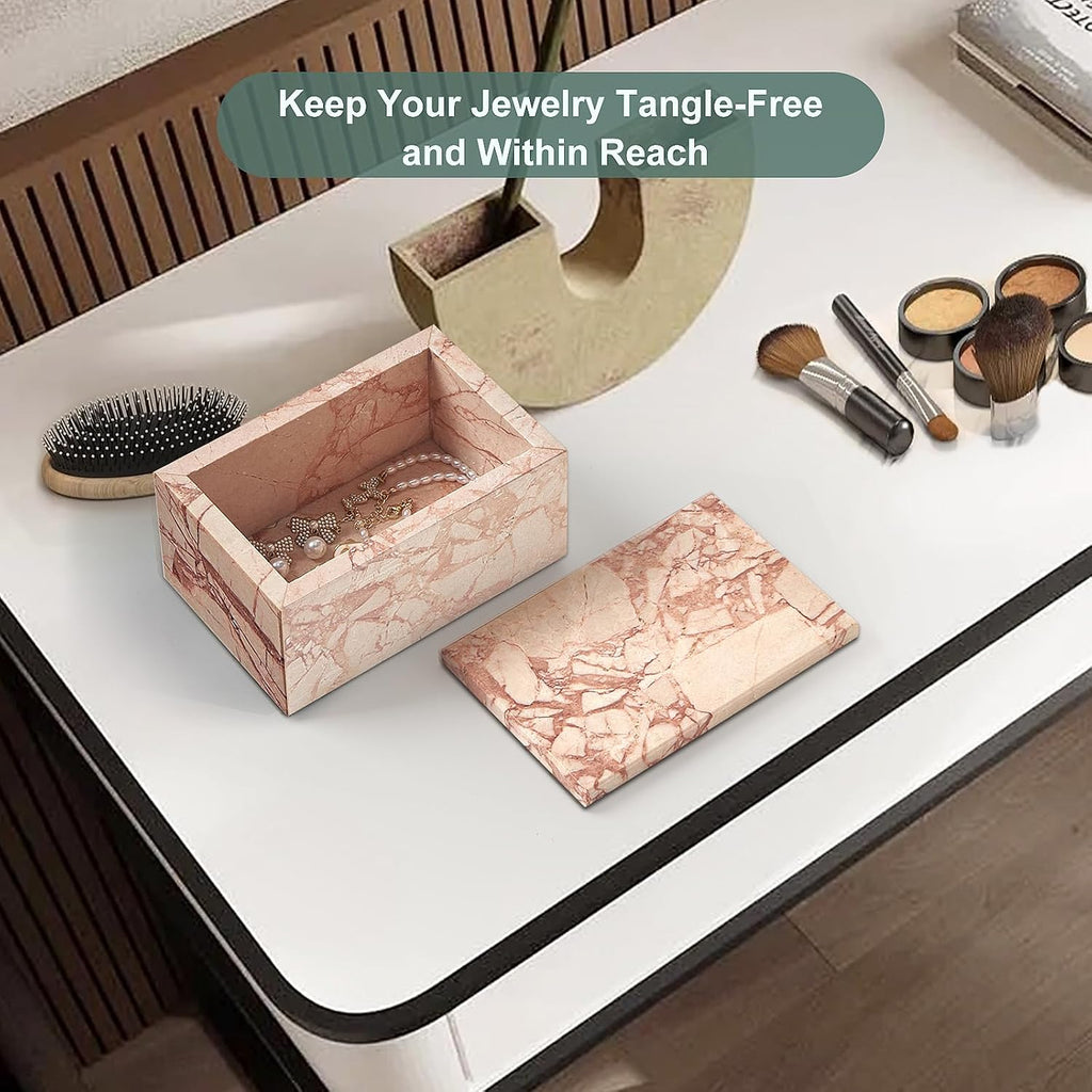 Natural Marble Storage Box with Lid, Rectangular Organizer for Jewelry