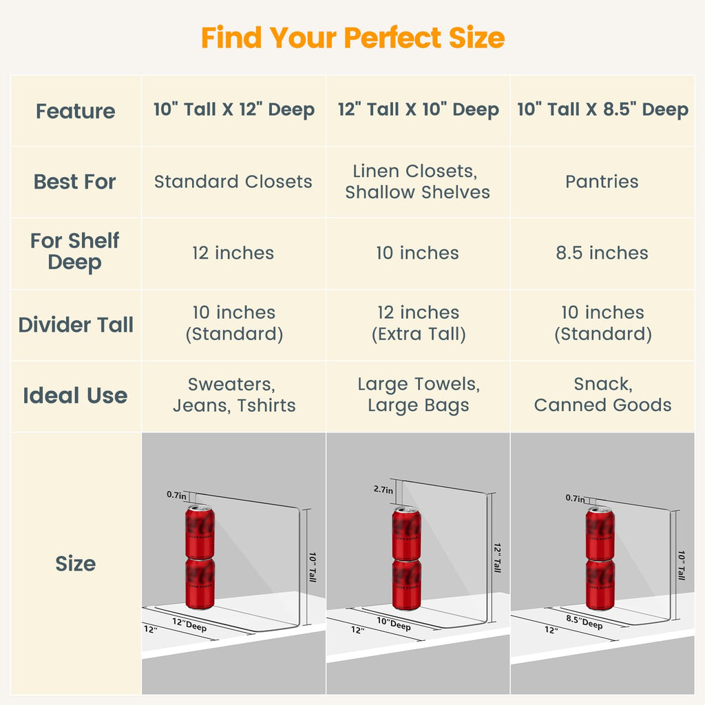 Shelf Dividers for Closet Organization - Keep Sweaters & Purses Upright, Clear Acrylic Separators for Most Wood