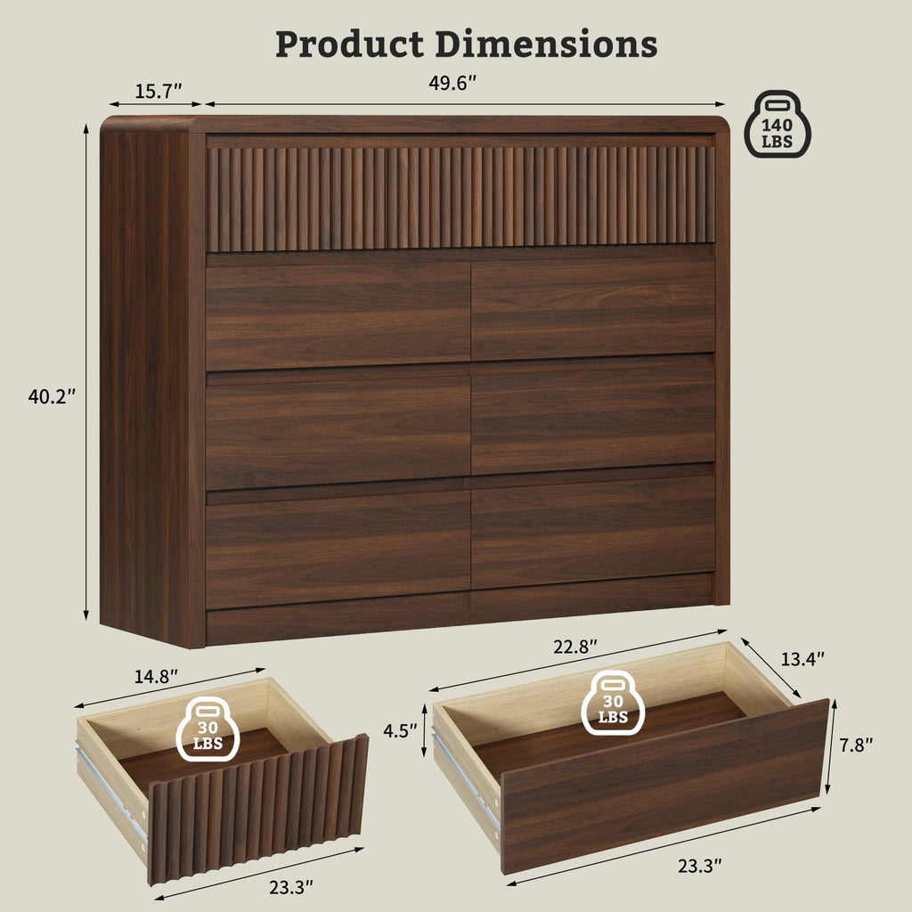 Walnut Fluted 9 Drawer Dresser, Curved Edge, 50" Wide