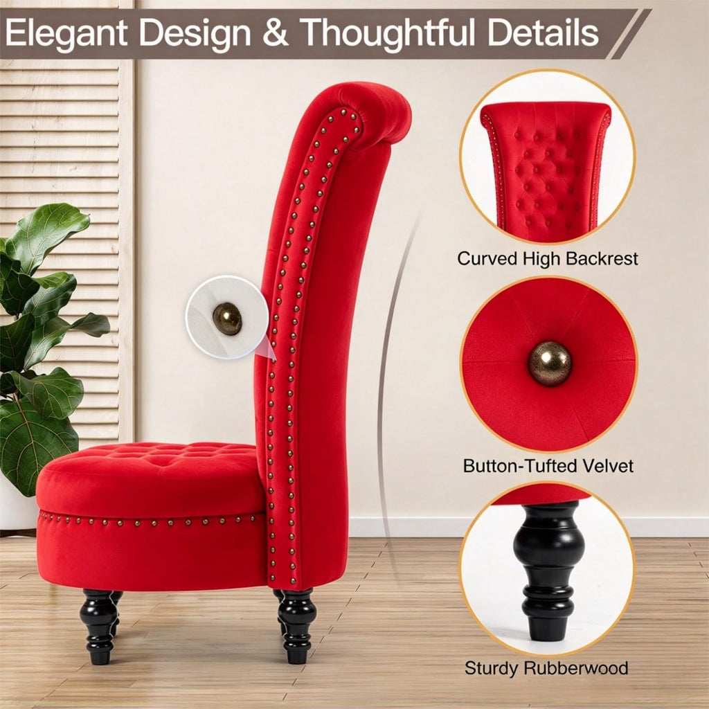 High Back Throne Chair with Storage, Red Velvet Royal Accent Chair