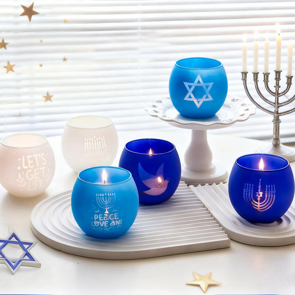 Hanukkah Decorations Indoor Tealight Votive Candle Holders with , Star of David for Jewish Holiday Decor - Blue - Set of 6