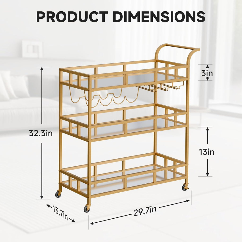 Gold Bar Carts with 3 Tier Mirror Shelves, Home Bar Cart with Wine Rack and Glass Holder, Perfect for Indoor and