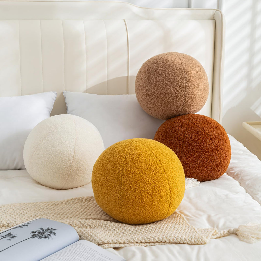 Ball Pillow, Round Sphere Decorative Throw Pillow Boucle 11.8" Caramel