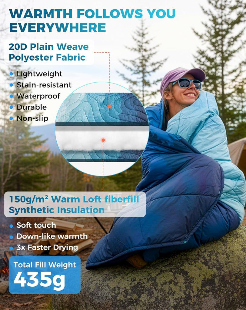 Ultralight Camping Blanket, Wearable Packable Blanket Cyan 79"x57"