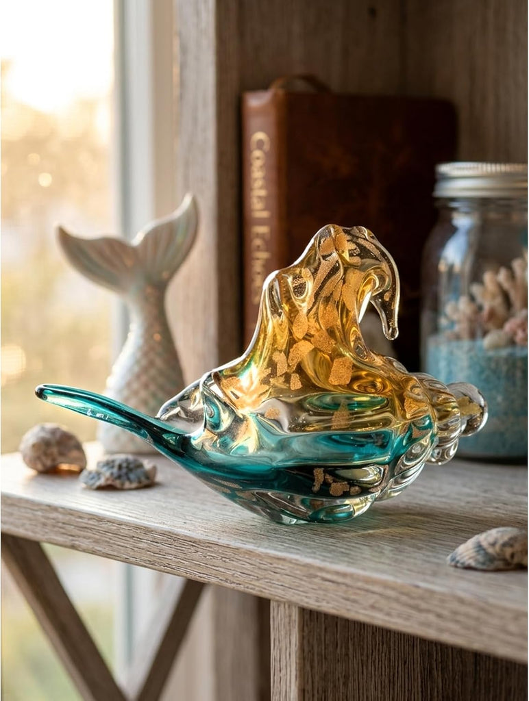 Hand Blown Sea Glass Decor Art - Large Glass Conch Shell, Beach Decorations, Coastal Bathroom & Bedroom Shelf Decor