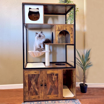 Cat Litter Box Furniture Enclosure 4 Levels Cat Tree Hidden Cabinet with Storage and Scratch, 4 Tiers