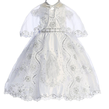 Virgin Mary Embroidery Cold Shoulder Rhinestones Wedding Baby Infant Girl Baptism Christening Dress (TR43K3) White 1