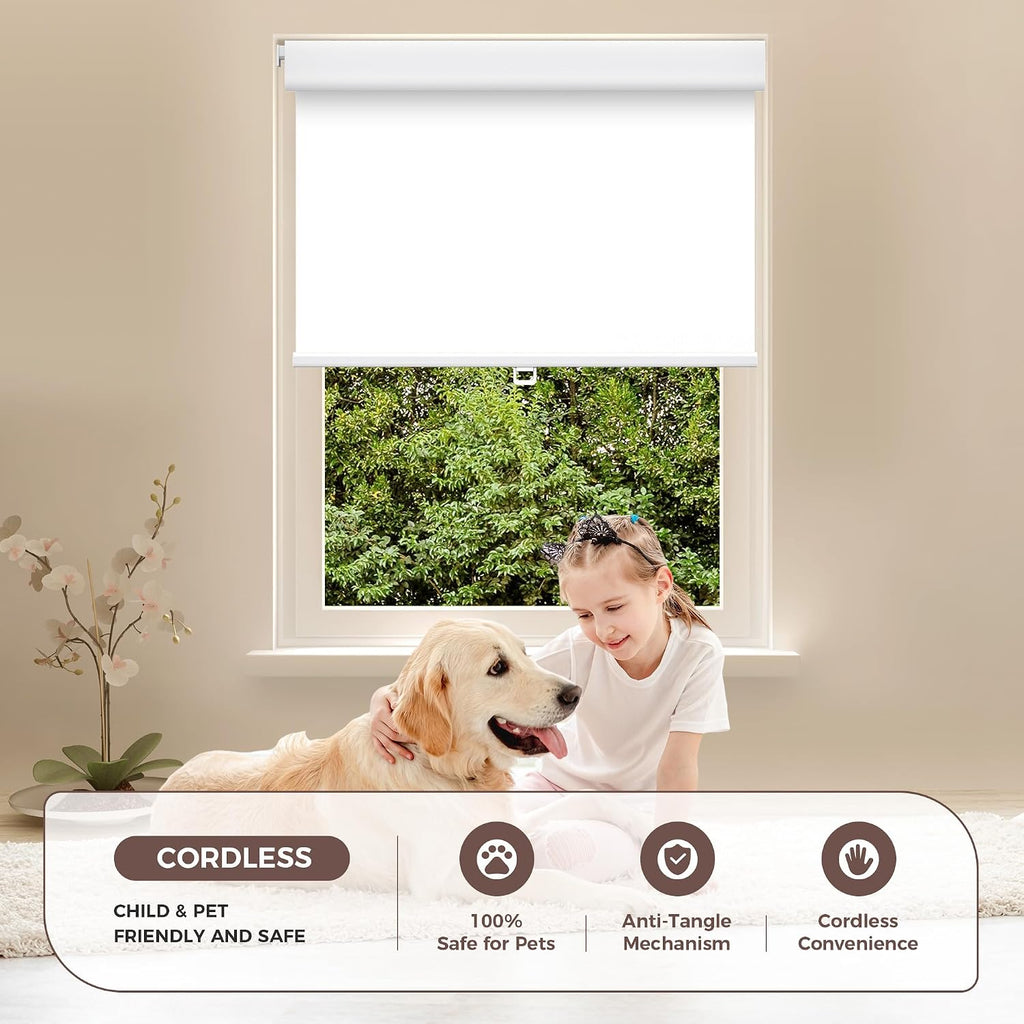 No Drill No Tools Blackout Roller Shades for Windows, (White 34 x 48), Renter-Friendly, UV Protection, no-Drill