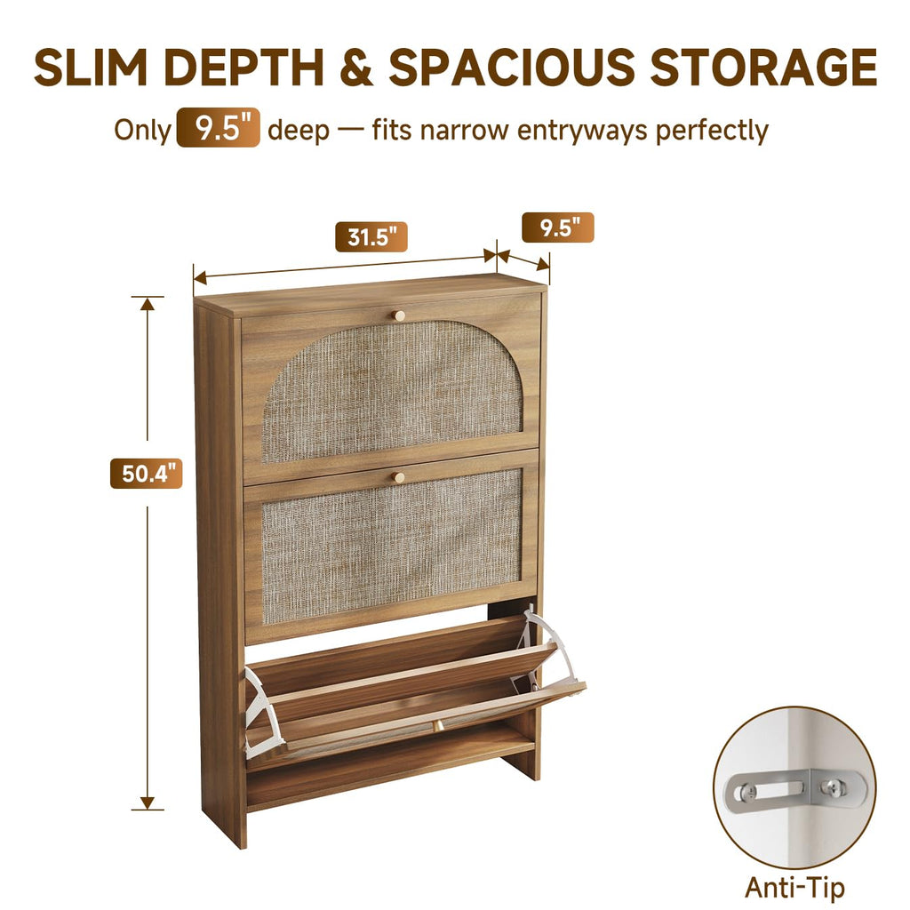 Shoe Storage Cabinet, Modern Walnut Shoe Cabinet with Tiered Fluted Design, 9.5" Slim Shoe Rack for Small Spaces