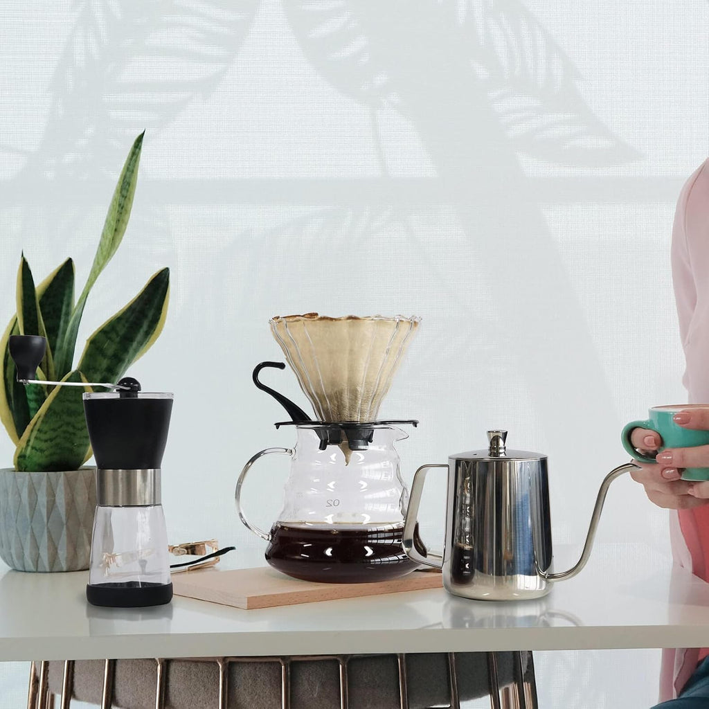 Pour Over Coffee Maker Set, Manual Coffee Kit with 600ml Gooseneck Kettle, Filter Holder, Glass Server & Paper