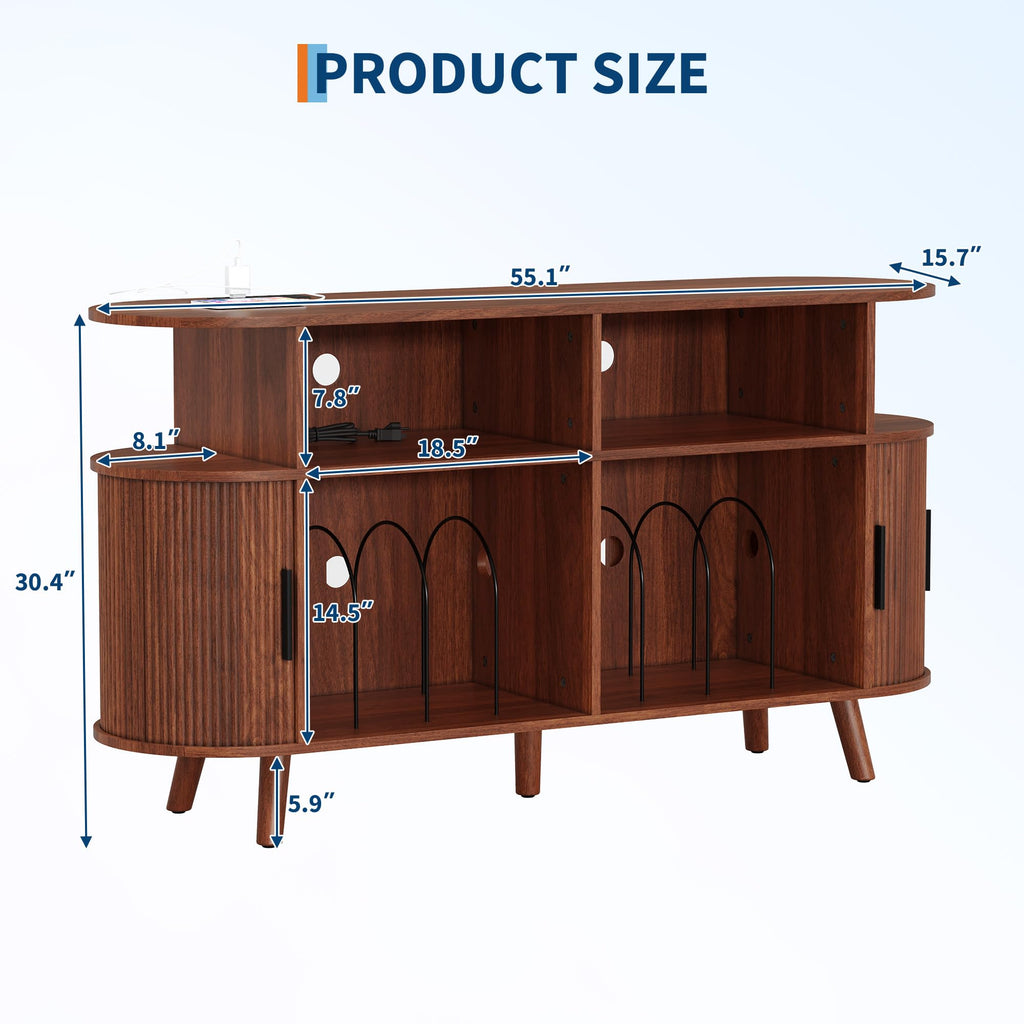 55'' Fluted Mid Century Modern Turntable Cabinet with Vinyl Storage, Large Round Record Player Stand with Charging