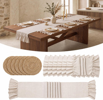 Boho Round Woven Placemats Ruffle Table Runner 13x72 - Set of 13