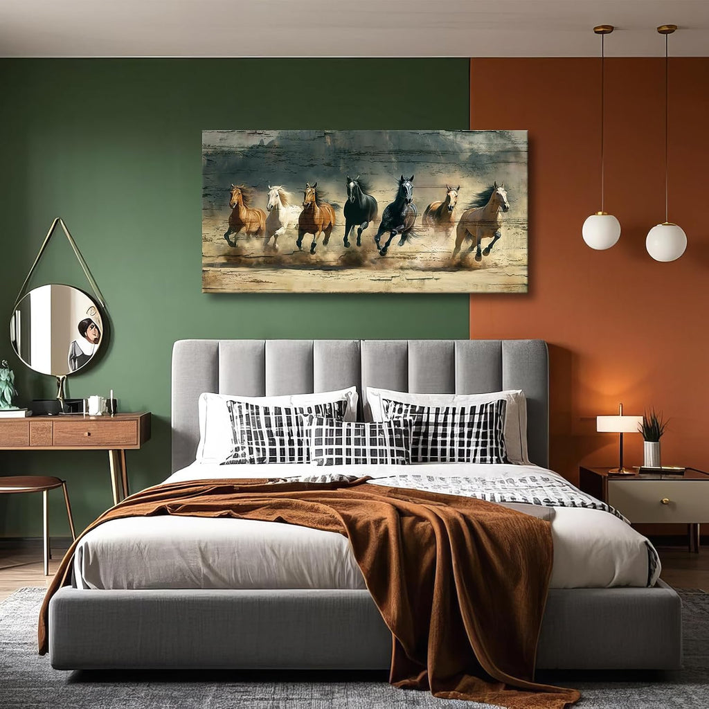 Rustic Running Horses Wall Art,Large Western Canvas Print , Wild Stallion Painting, Vintage Farmhouse Decor, Cowboy