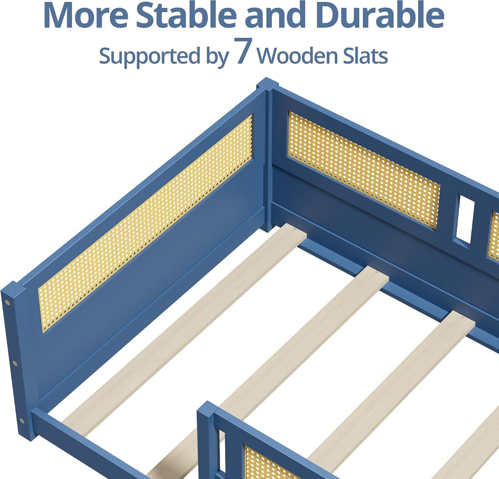 Floor Bed with PE Rattan High Fence, Wood Montessori Bed Frame with Slats for Children Girls Boys, Mist Blue