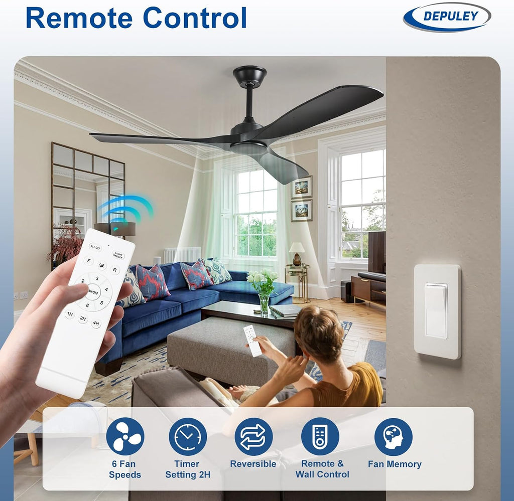 52 Inch 3 Blade Indoor Outdoor Fans for Patios - Black Ceiling Fan No Light Remote APP Control Ultra Quiet DC Motor Reversible 6 Speed Timer A101-B0C4H7H427