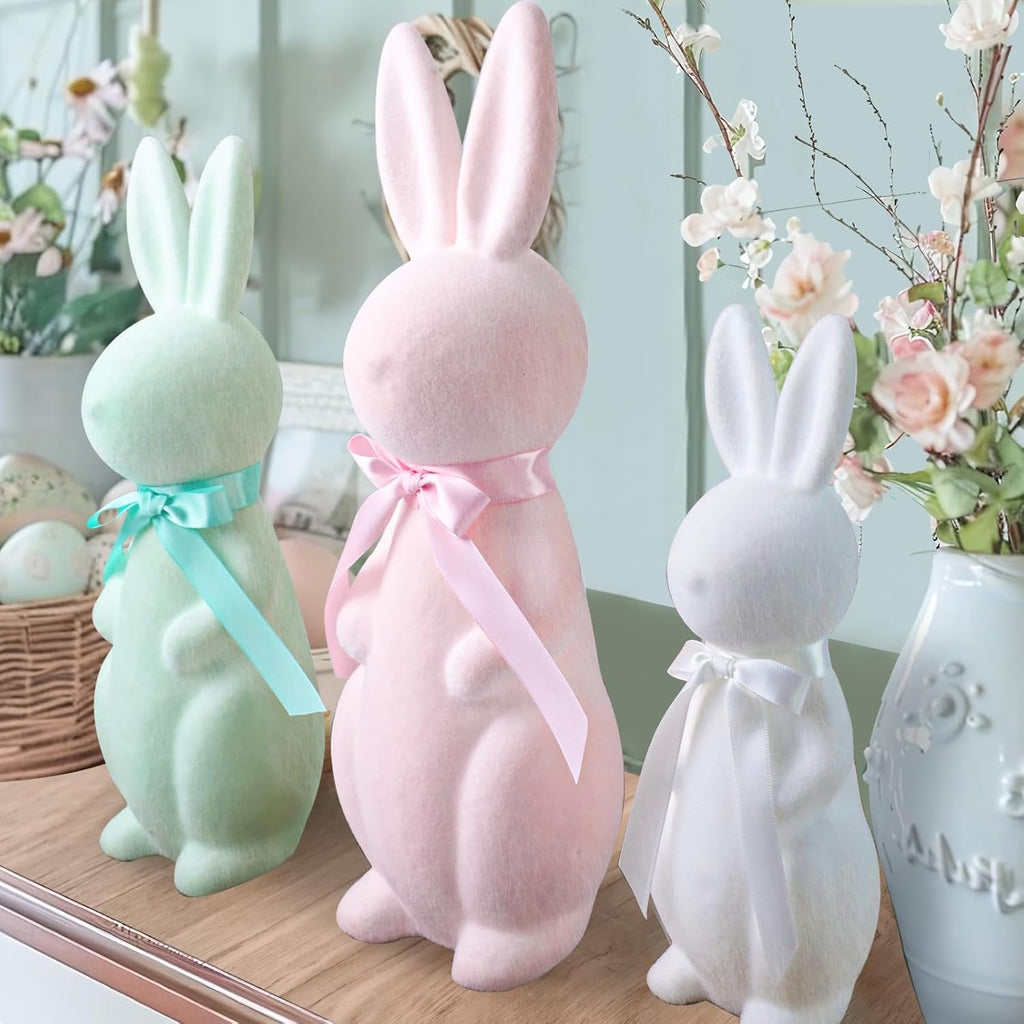 Easter Decorations - 3 Pack Pastel Flocked Bow-Tied Bunny Set (10", 13", 16") - Spring Table Centerpieces Decor - Set of 3