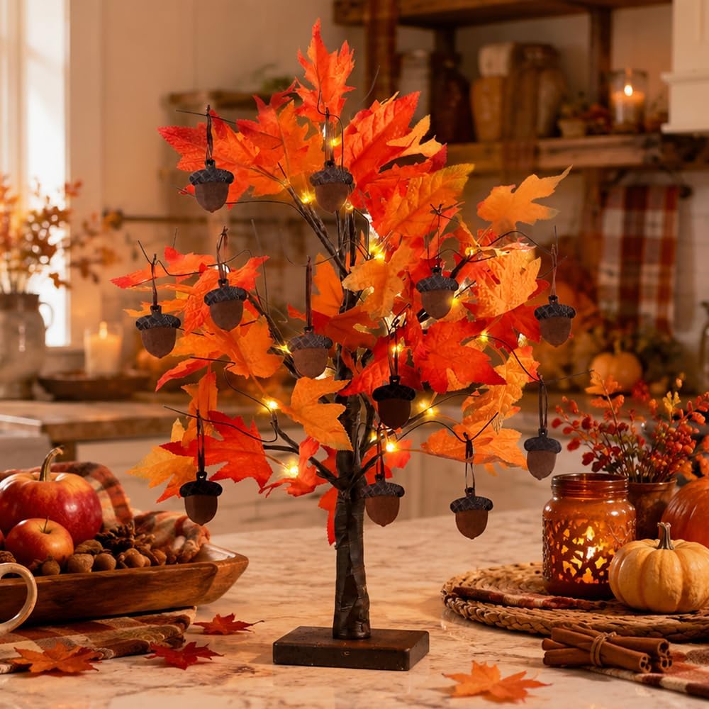 Fall Decorations, Thanksgiving Decorations, 24"/2FT Lighted Fall Maple Leaves Tree with 24 LEDs for Autumn Decor, 12