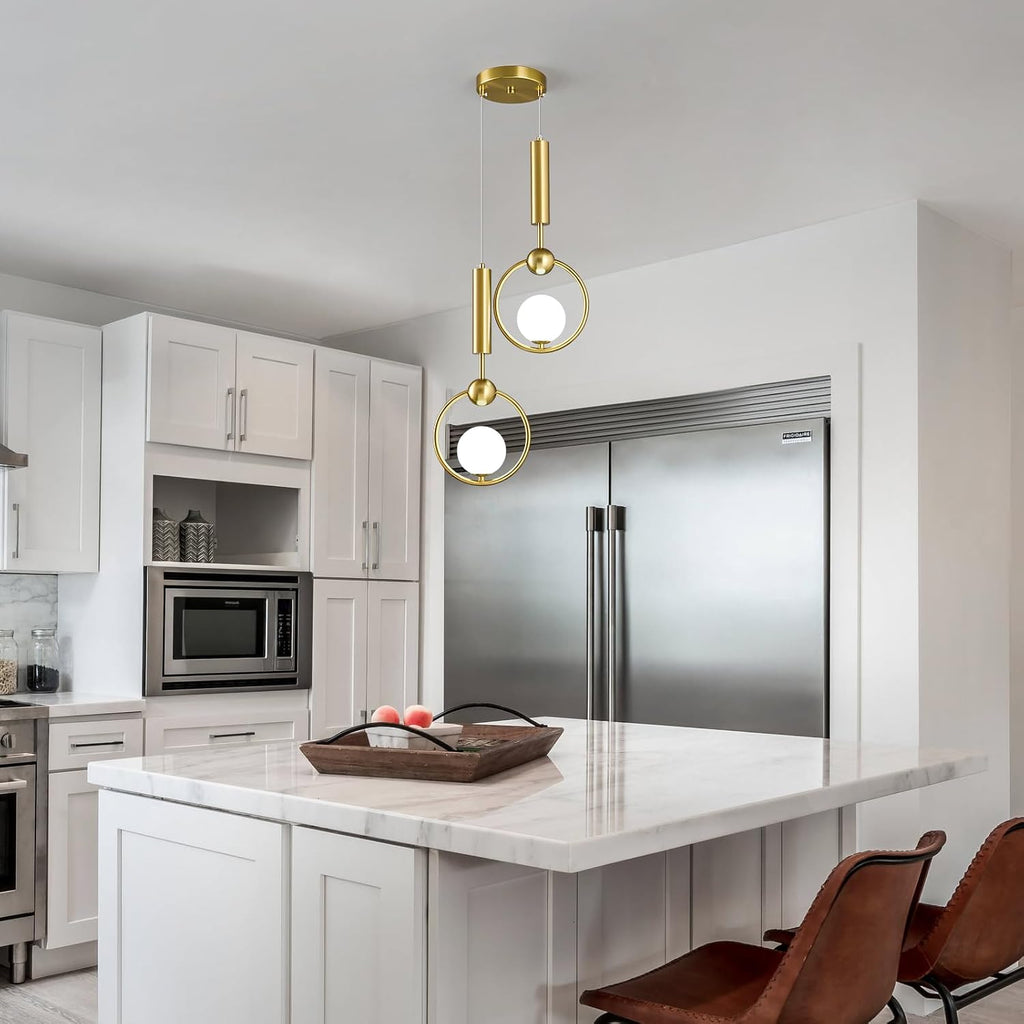 Modern Globe Glass Pendant Light fixtures 2-Light, Simplicity Gold Pendant Lighting, Mid Century Chandelier for