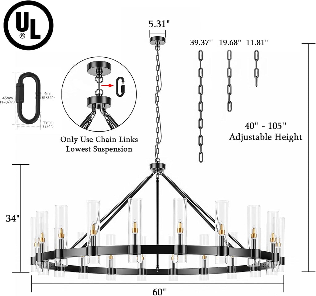 20-Lights Black Wagon Wheel Chandelier Modern Farmhouse with Glass Shade, 60 Inch Large Round Industrial High Ceilings Pendant Lighting Fixture for Dining Living Room, Kitchen Island, Foyer A115-B0CDY1VWGS