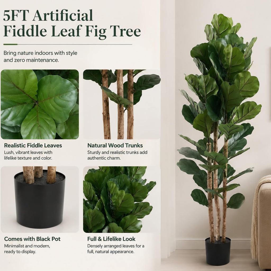 5FT Artificial Fiddle Leaf Fig Tree, Realistic Faux Tree