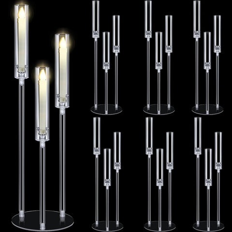 6 Set Wedding 3 Arm Acrylic Candelabra Table Centerpiece 30.7" Clear Tall Floor Candle Holder with Shade Pillar Taper
