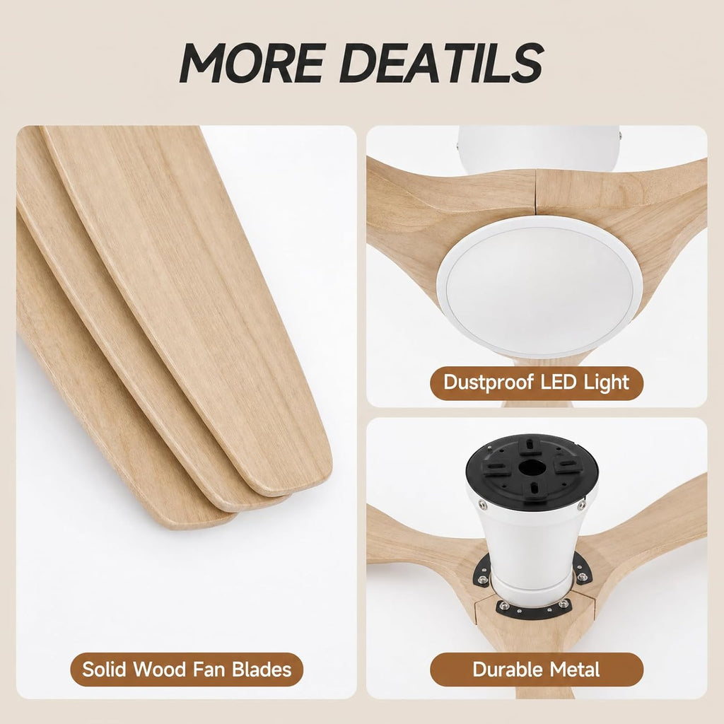 42" Flush Mount Wood Ceiling Fan with Lights, 3 Blade Low Profile Farmhouse Ceiling Fan with Remote Control