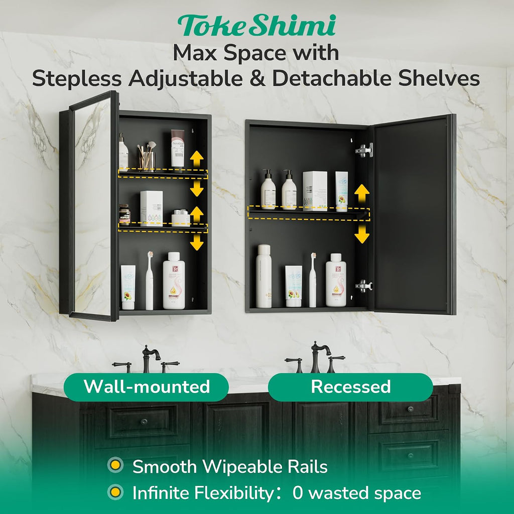 14 x 24 Recessed Medicine Cabinet with Mirror, Assembly Required, Black Medicine Cabinet , Stepless Adjustable