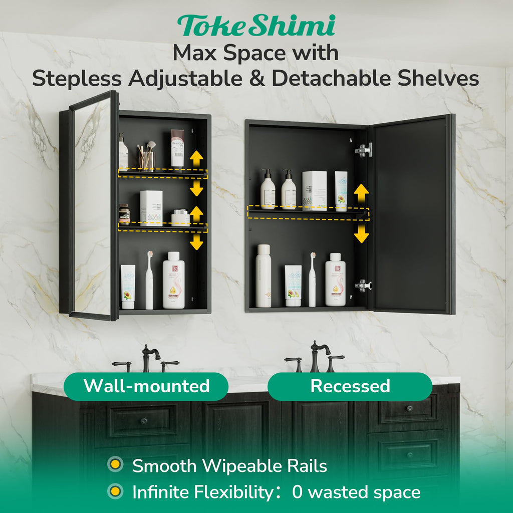 30 x 26 Medicine Cabinet Mirror, Assembly Required, Black Recessed Medicine Cabinet with Mirror, Stepless Adjustable