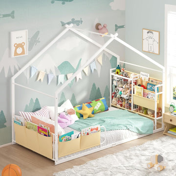 Montessori House Bed with Stuffed Animal Storage & Bookshelf
