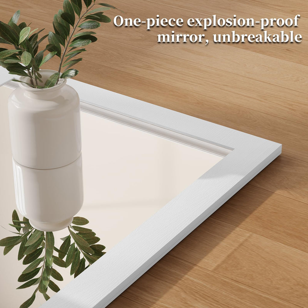 24" x 18.5'' Wood Wall Mirror with Shelf, Rectangular Hallway Mirror with Hooks, Hanging Wall Mirrors, White