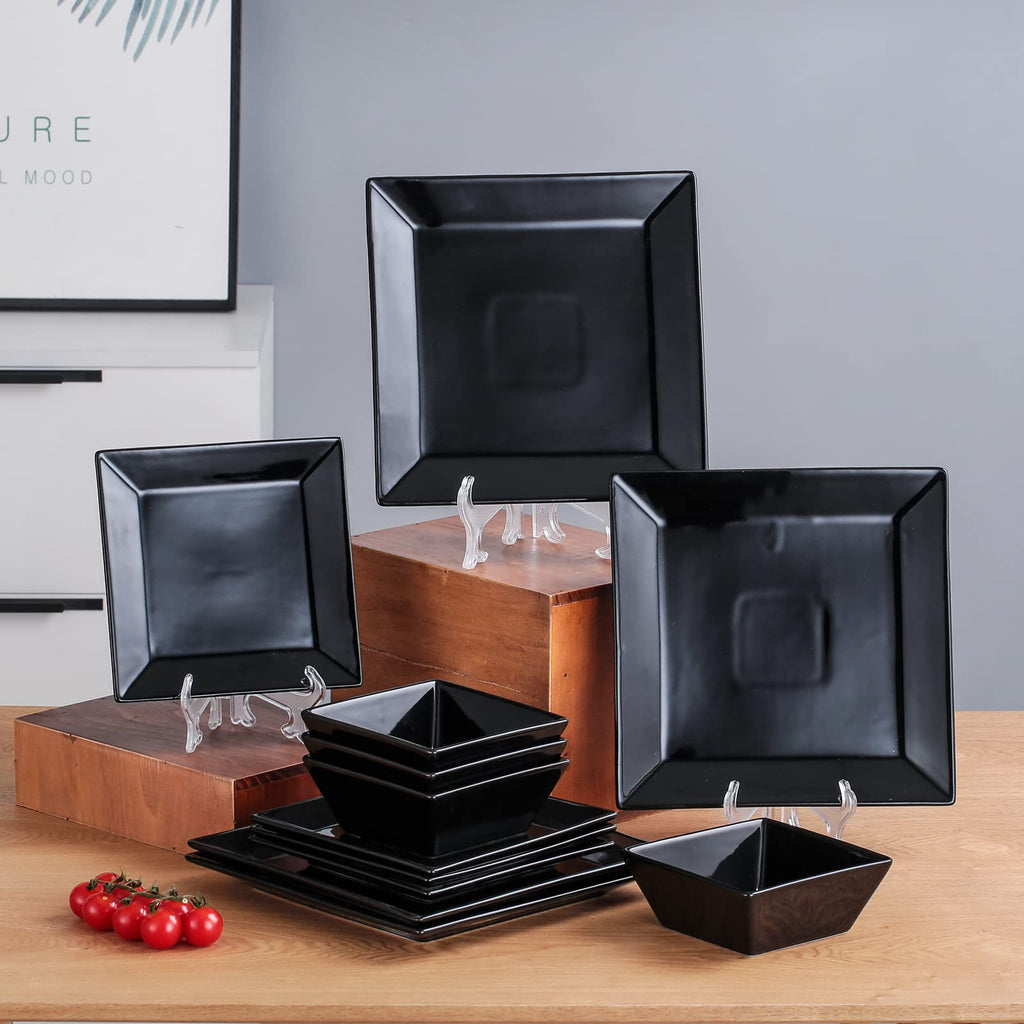 12-Piece Square Dinnerware Set, Service for 4, Porcelain Dishes Dinner, Square-Black