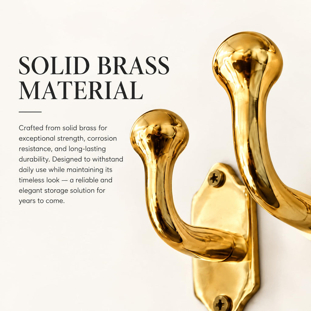 Unlacquered Solid Brass Wall Hooks - Handmade Heavy Duty Coat & Towel Hooks, Wall Mounted Brass Hooks Decor | Vintage