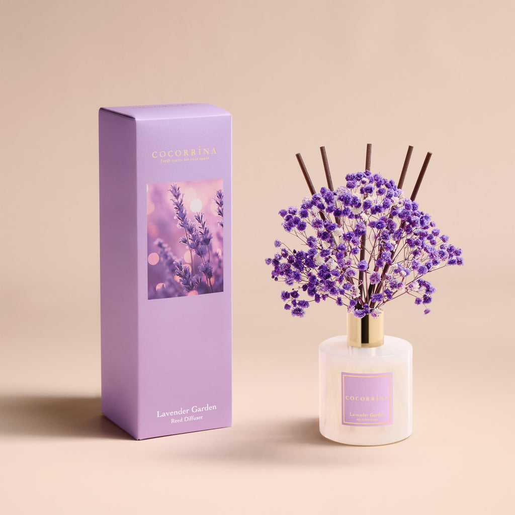 Reed Diffuser - Lavender Garden 6.7 Fl.oz Reed Diffuser Set with Sticks & Preserved Baby's Breath, Reed Diffuser