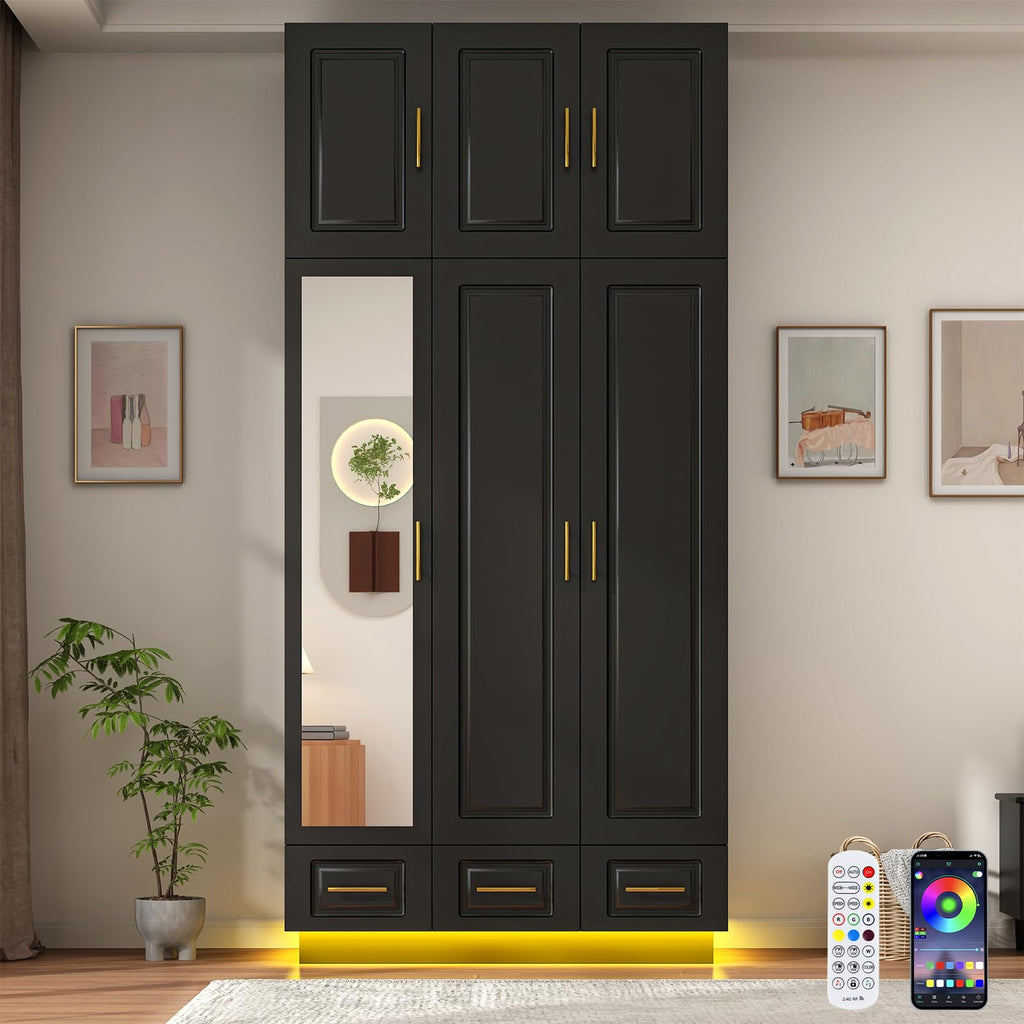 Large Armoire Wardrobe Closet Cabinet with Drawers and LED Lights, Multi-Tier Shelves, Hanging Rod, Large Capacity