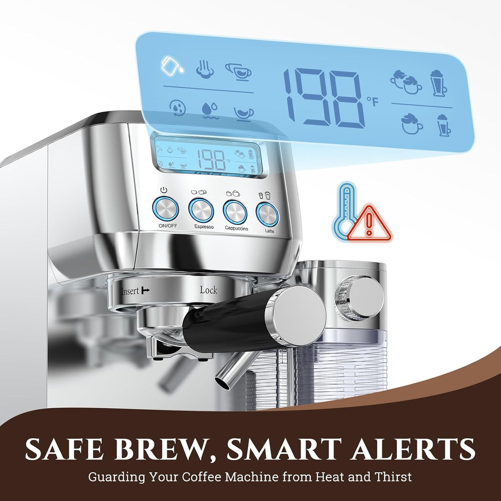 Espresso Machine, Auto Milk Frother, 20 Bar Pressure, Silver | Home Coffee Maker with 61oz Removable Tank & LCD
