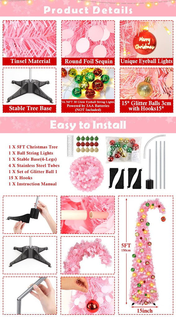 Whimsical with Ball String Lights, 5FT Pink Pop Up Tree
