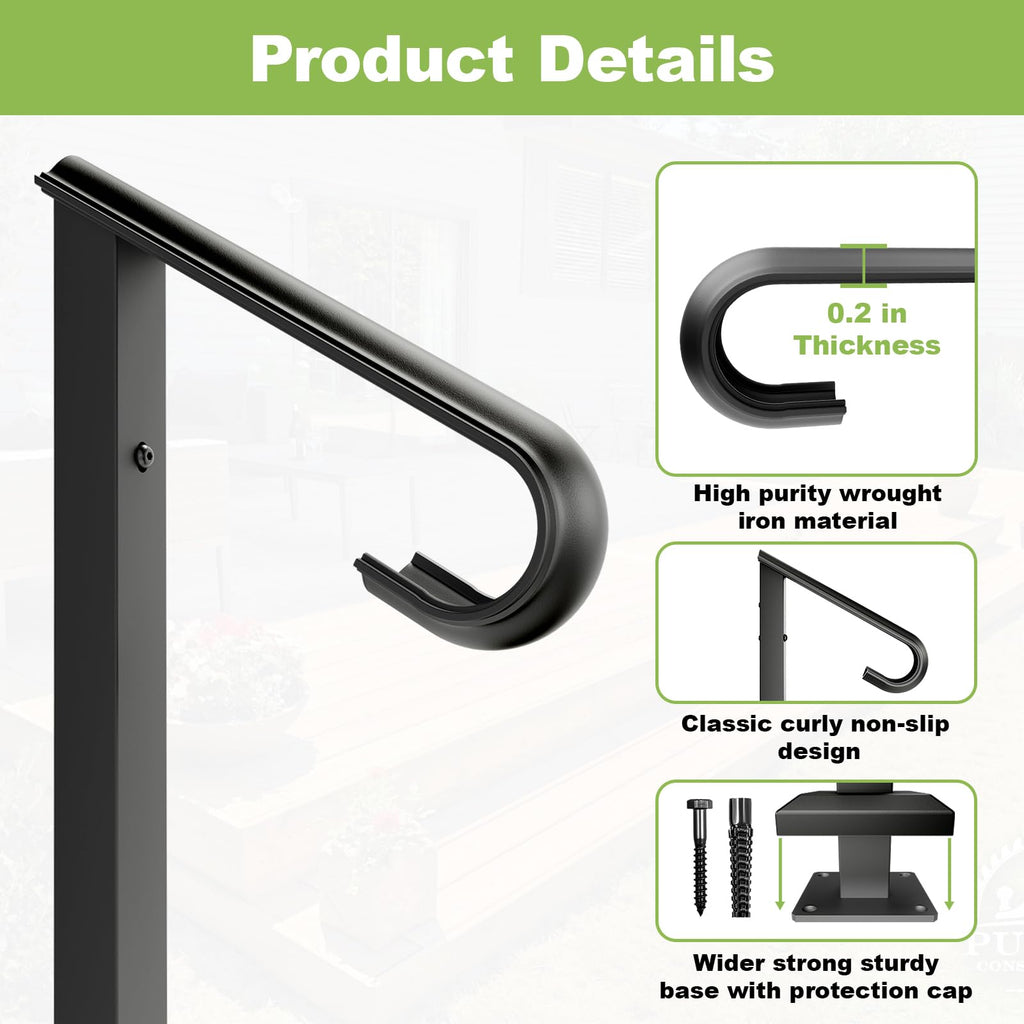 Single Step Handrail, 1 or 2 Steps Handrails for Outdoor Steps, Rust-Proof Wrought Iron Stair Railing for Seniors