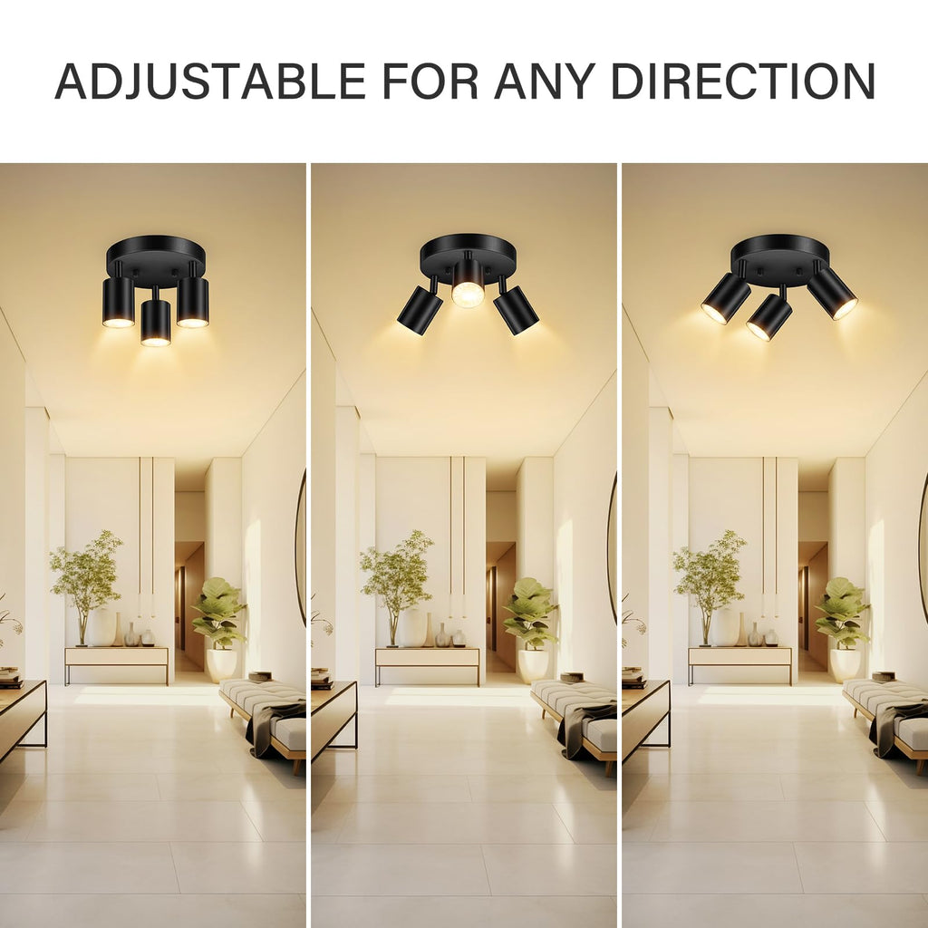 LED 3 Light Track Lighting Kit, LED Track Lighting Fixtures, Black Round Ceiling Spot Lighting, Flexibly Rotatable